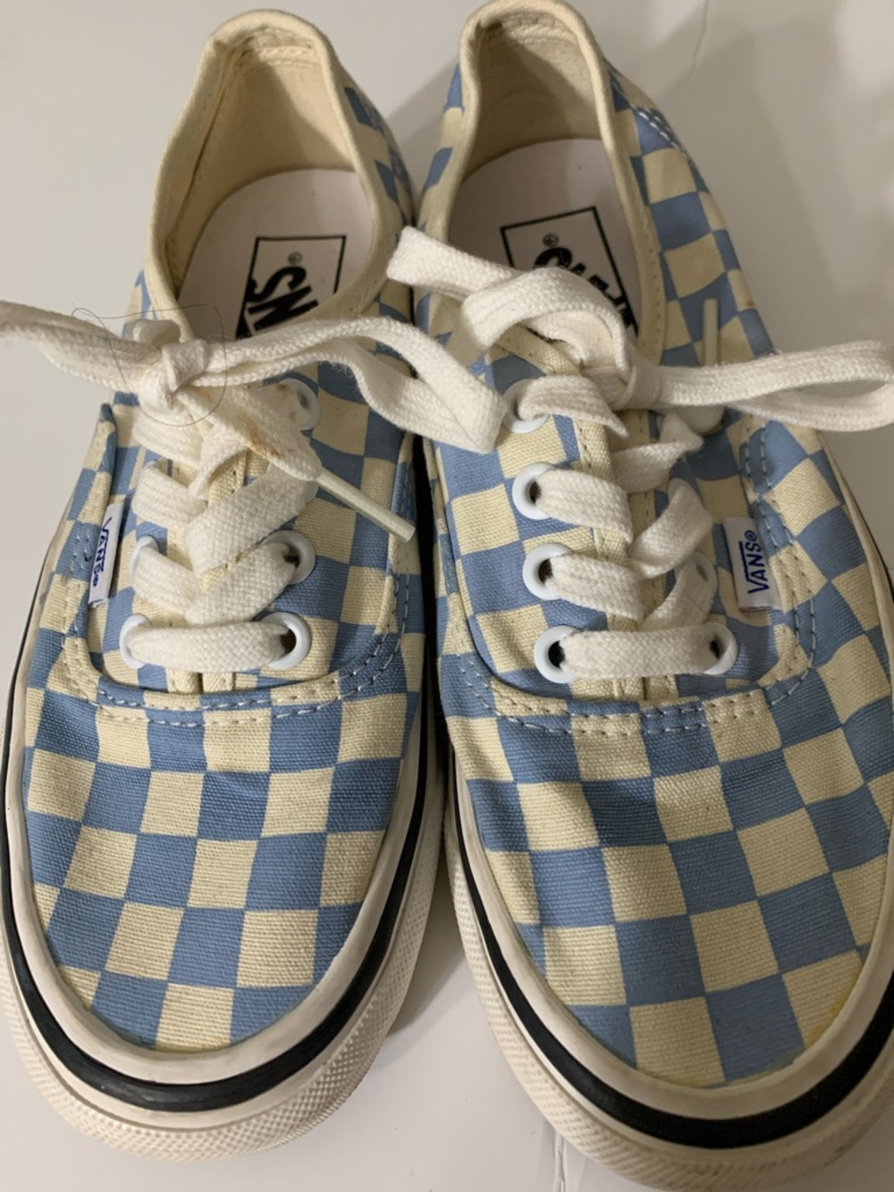 Vans Checkerboard Lace-Up Sneakers in Light Blue and Cream